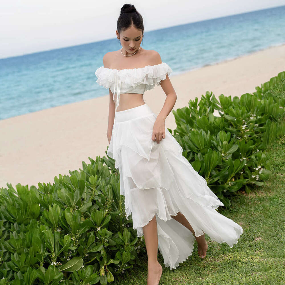 2025 Summer New Solid Color Slim Fit Tube Top High Slit Irregular Skirt Set for Women 6cd