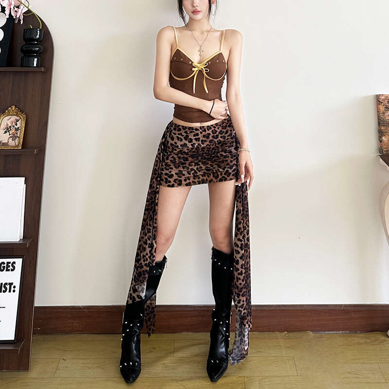 2025 Spring New Women's Fashion Solid Color Slim Street Style Low Waist Slimming Leopard Print Midi Skirt ced