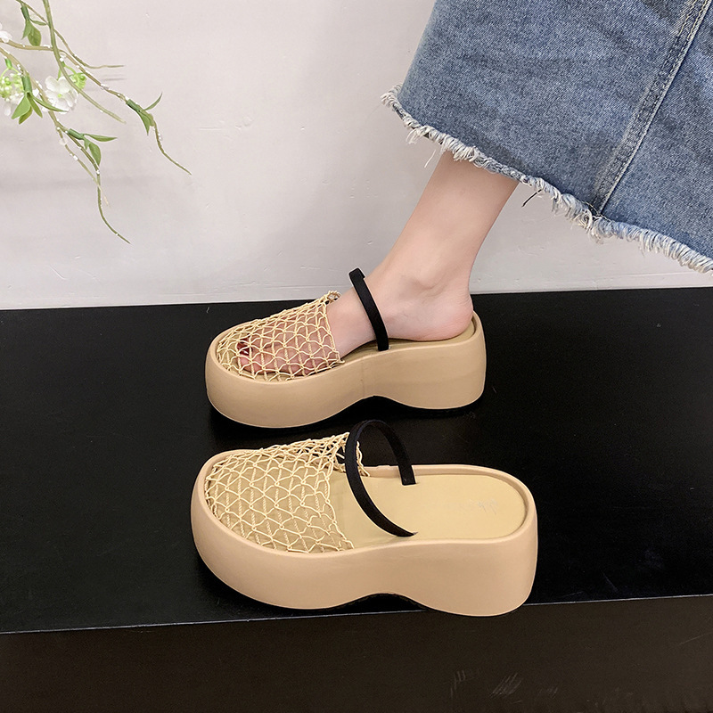 Ddmysports French Style Platform Thick Sole For Women New Hollow Breathable Wedge Half Slippers Small Height Increasing Sandals Outdoor Shoes