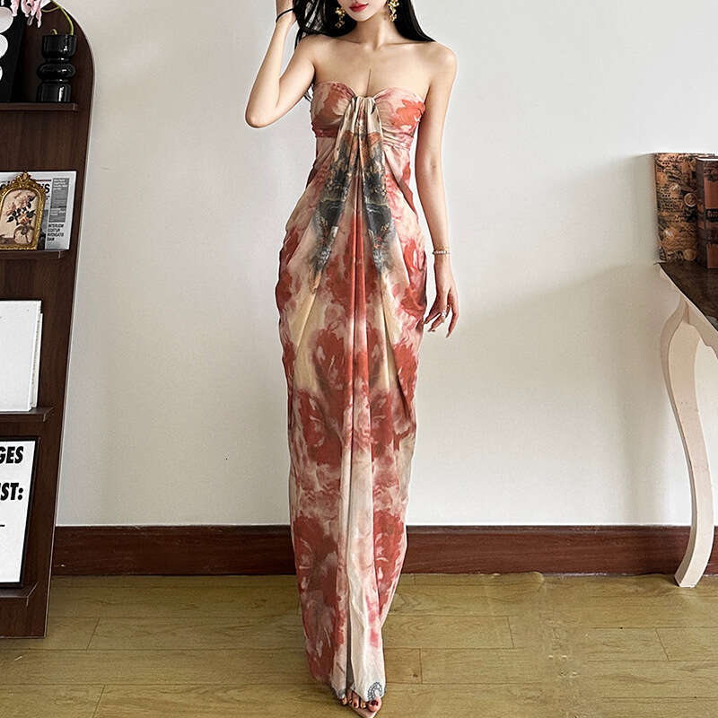 2025 Spring Summer New Slim Fit French Tie-Dye Elegant Off-Shoulder High-End Strapless Long Dress for Women 674