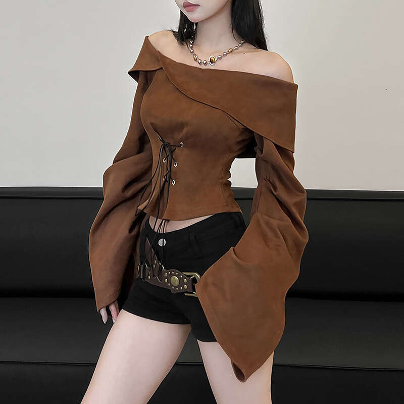 2024 Autumn Winter New Fashion Solid Color Sexy Off-Shoulder Long Sleeve Loose Top for Women f19