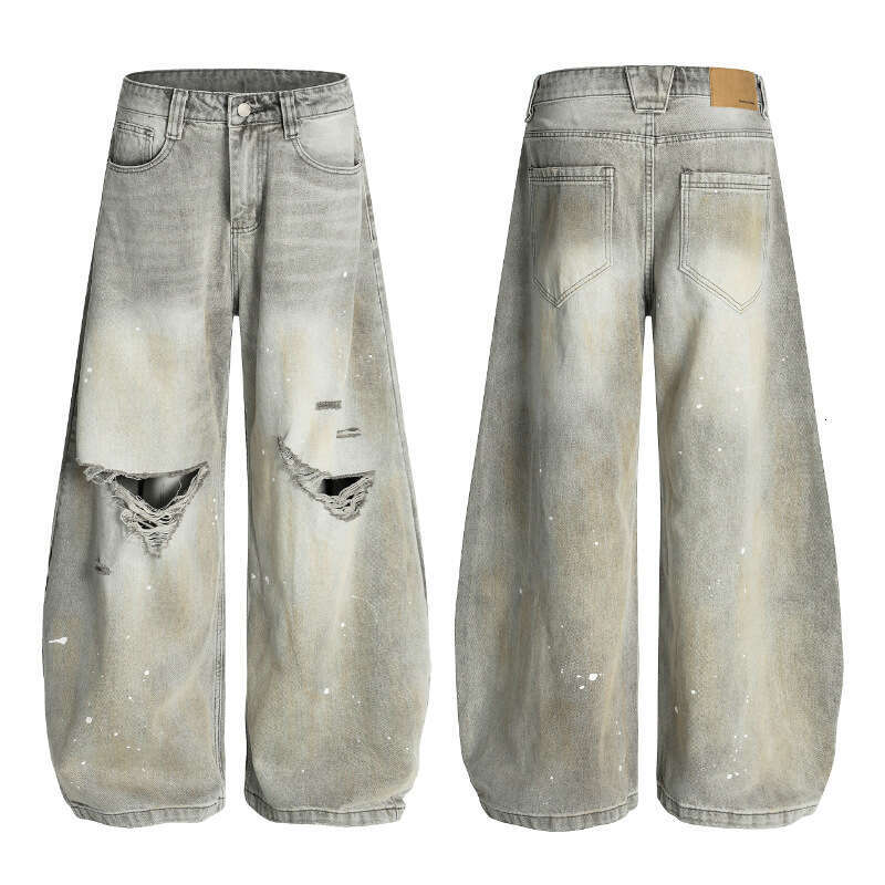 Summer New High Street Ink Splash Dye Distressed Scimitar Jeans Long Unique Design Unisex Wide Leg Casual Pants