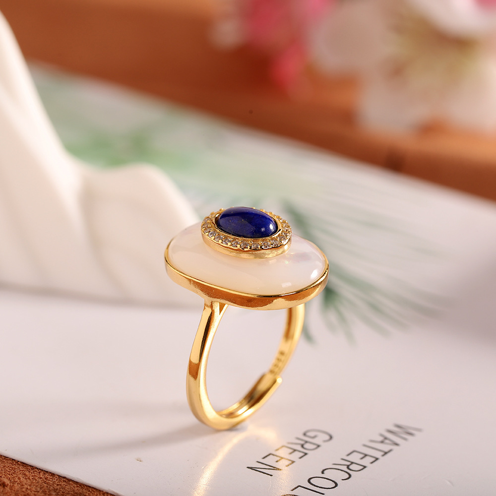 Luxurious Womens Accents: Modern Design Sterling Silver Ring Featuring Unique Shell-Inlayed Blue Gemstones