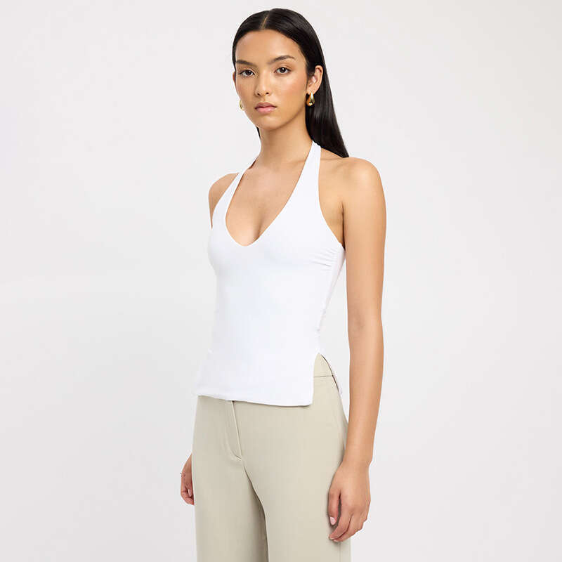 Y23tp756 Women's Spring New Halter Neck Pullover Slim Fit Patchwork Backless Solid Color Split Vest Top B5