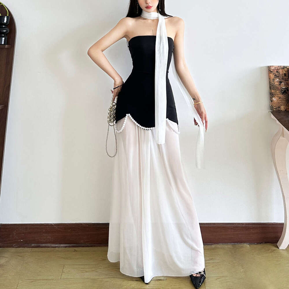 2025 Summer New Solid Color Patchwork Fashion Casual Trendy Elegant Slim Fit Strapless Long Dress e64