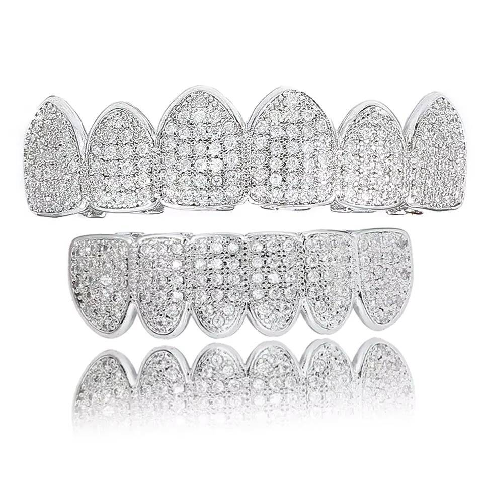 Wholesale High Quality 6 Teeth Top Bottom Micro Inset Zircon Hip Hop Grillz 925 Sterling Silver Moissanite Grillz Body Jewelry