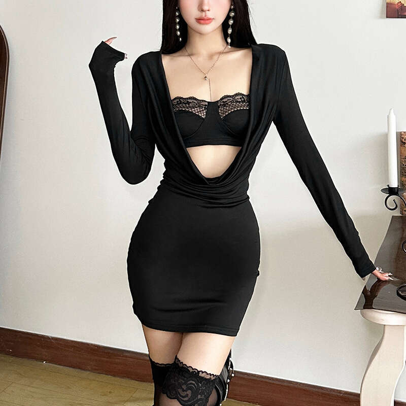 2024 Women's Autumn Winter New Sexy Strapless Long Sleeve Hollow Out Dress Set 282