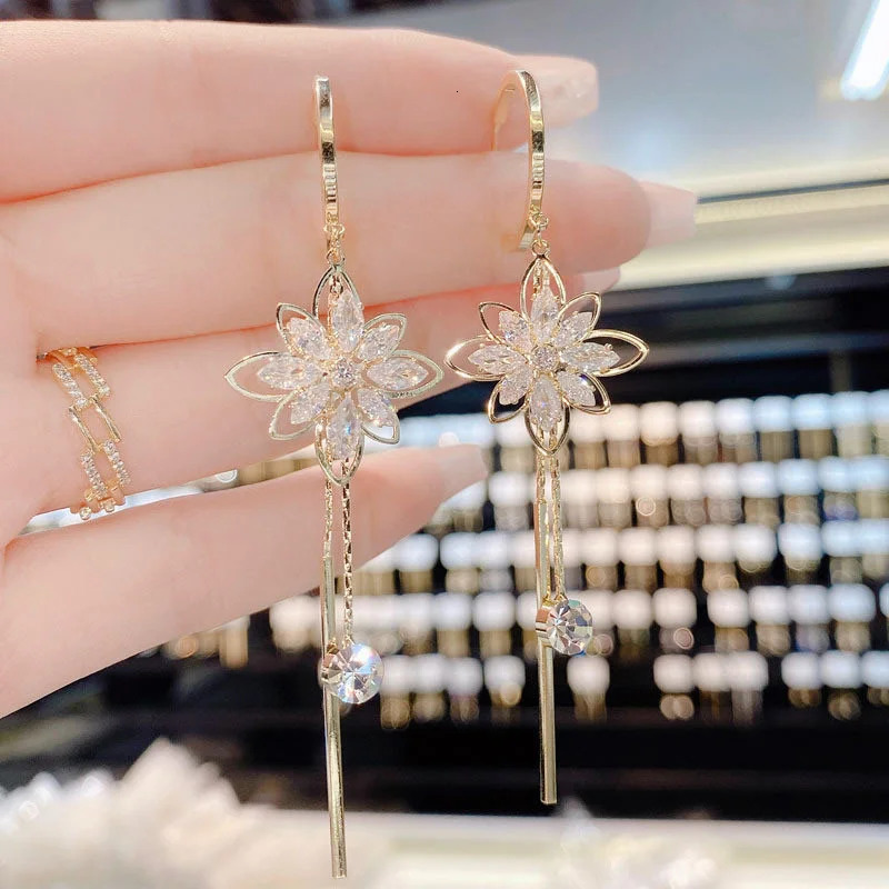 Crystal Flower Tassel Drop Earrings for Women Shiny Zircon Opal Long Dangle Girls Party Wedding Jewelry Gift 250715