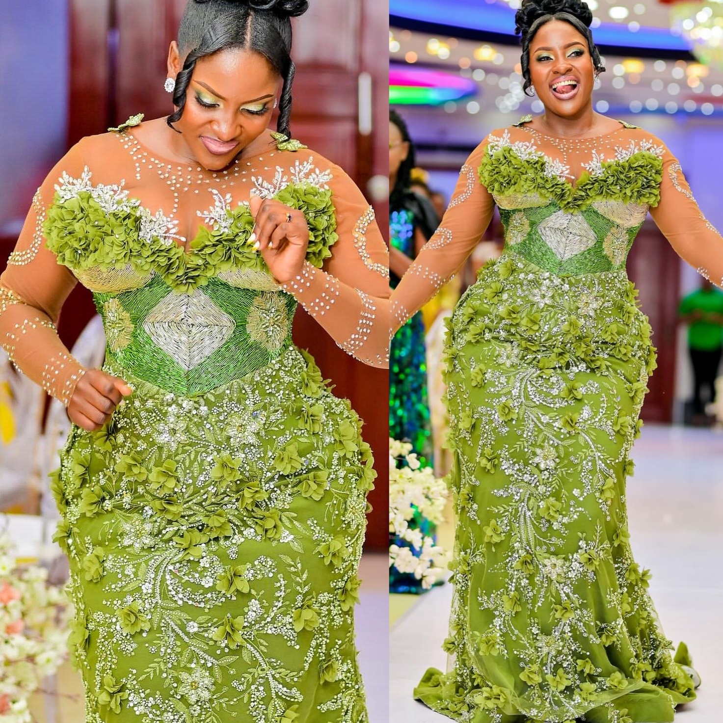 Mermaid Green Prom Dresses 2025 3D Floral Lace Beaded Crystals Evening Formal Party Second Birthday Engagement Gowns Plus Size Dress For Special Occas