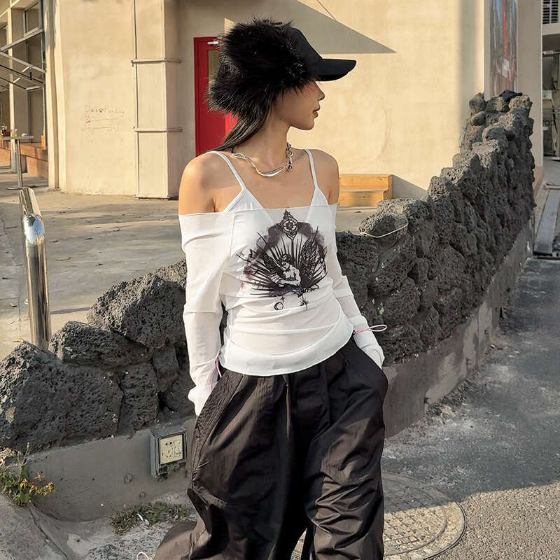 2025 Spring New Women's Solid Color Slim Street Fashion Off-Shoulder Long Sleeve Printed Top 4fa