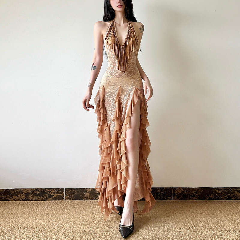 2025 Style Sexy Fashion Sleeveless Slimming Halter Neck Irregular Ruched Hem Split Dress for Women cc8