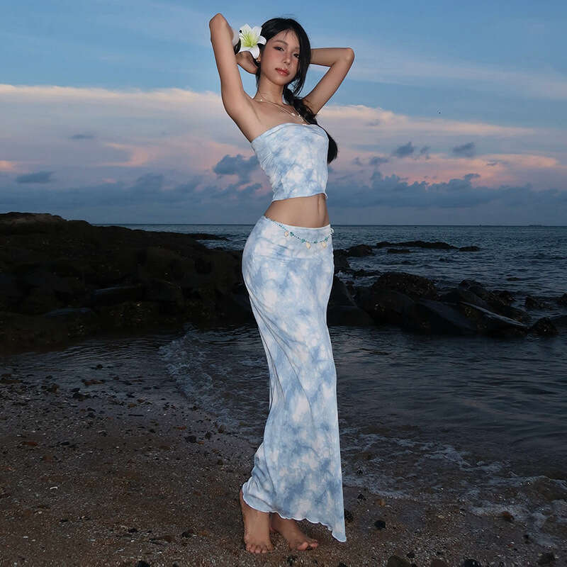 2025 Summer New Sexy Slim Fit Crop Top High Waist Elegant Dress Set 49f