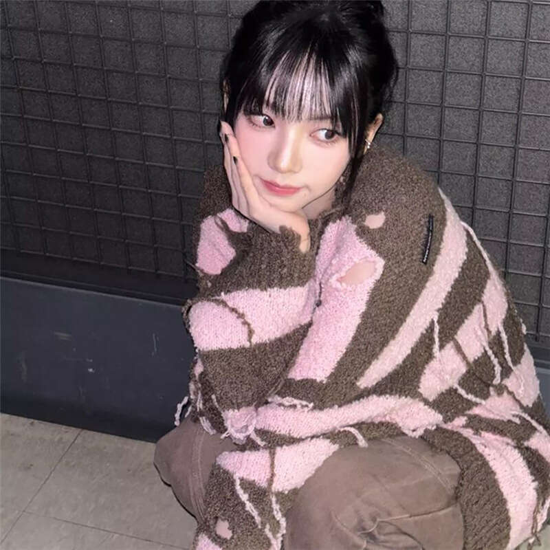 Women's Clothing 2023 Autumn Winter New Street Fashion Striped Loose Ripped Long Sweatshirt 911