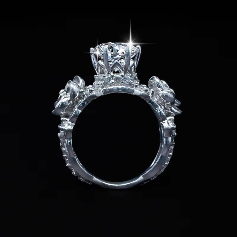 Exclusive Design Luxury Rose 3D Carving Inlaid 1CT Moissanite S925 Sterling Silver Engagement Wedding Proposal Womens Ring