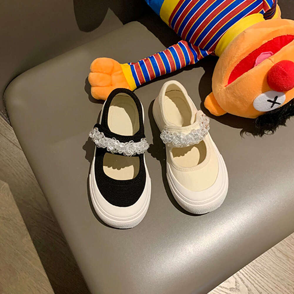 Designer Studiolee Rhinestone One-Strap Velcro Large Round Toe Shallow Mouth Mary Jane Half-Slip Canvas Shoes for Women