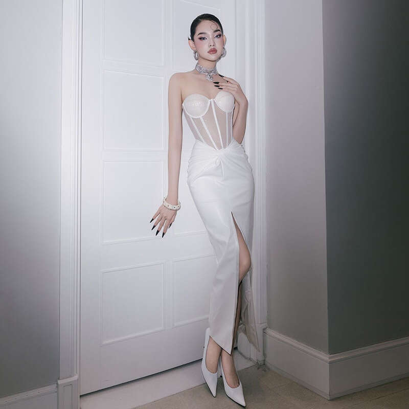 2024 Autumn Winter New Fashion Sexy Strapless Slim Patchwork Mid-Length Dress 779