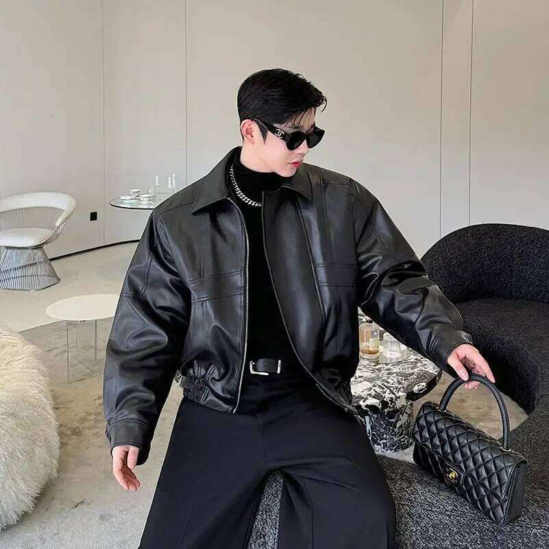 2025 Autumn Winter New High-End Handsome Locomotive Jackets Men's Short Windproof Long-Sleeve Faux Leather Cotton Jacket