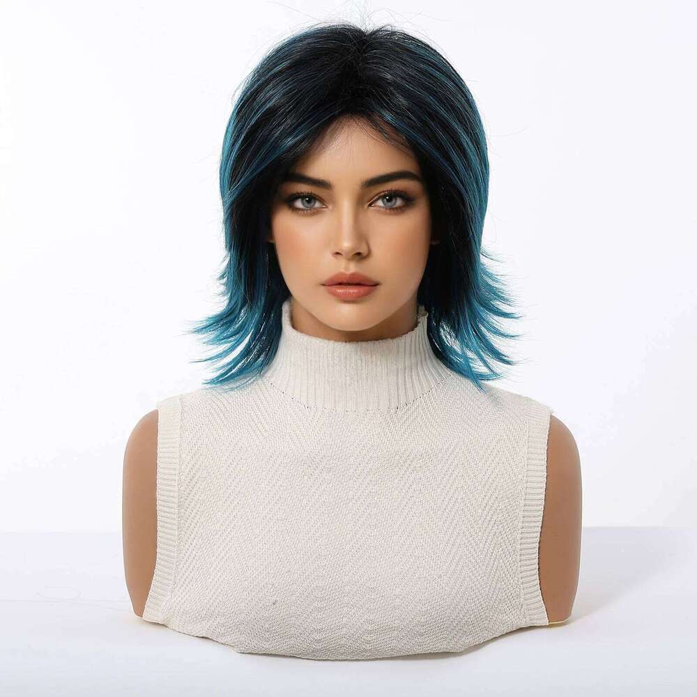 Allbell Magique Short Layered Synthetic Wigs Black To Blue Fake For Women Party Cosplay Use Natural Heat Resistant Hair