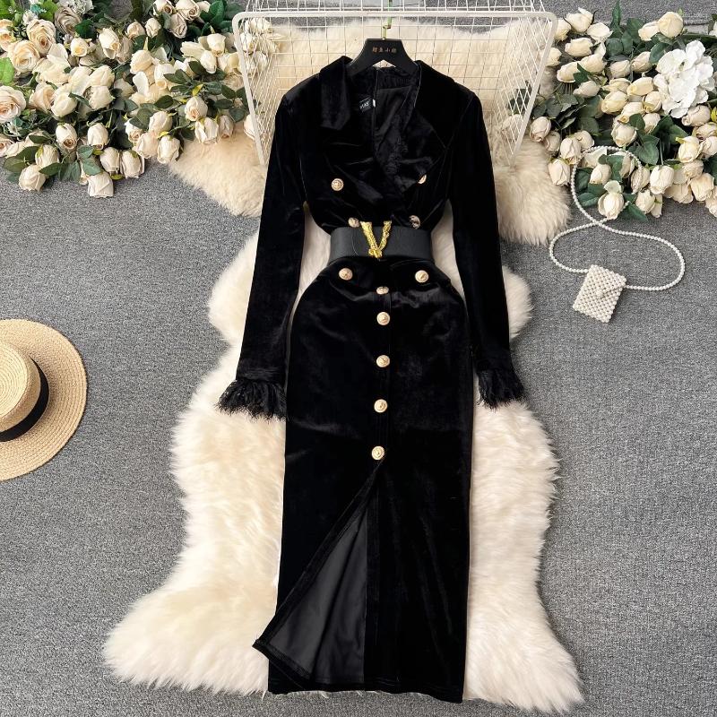 Lanjia- Casual Dresses Autumn Elegant V-Neck Veet Dress Women Long Sleeve Fashion Metre Buttons Split Sheath Bodycon Office Party Pencil Vestidos A669