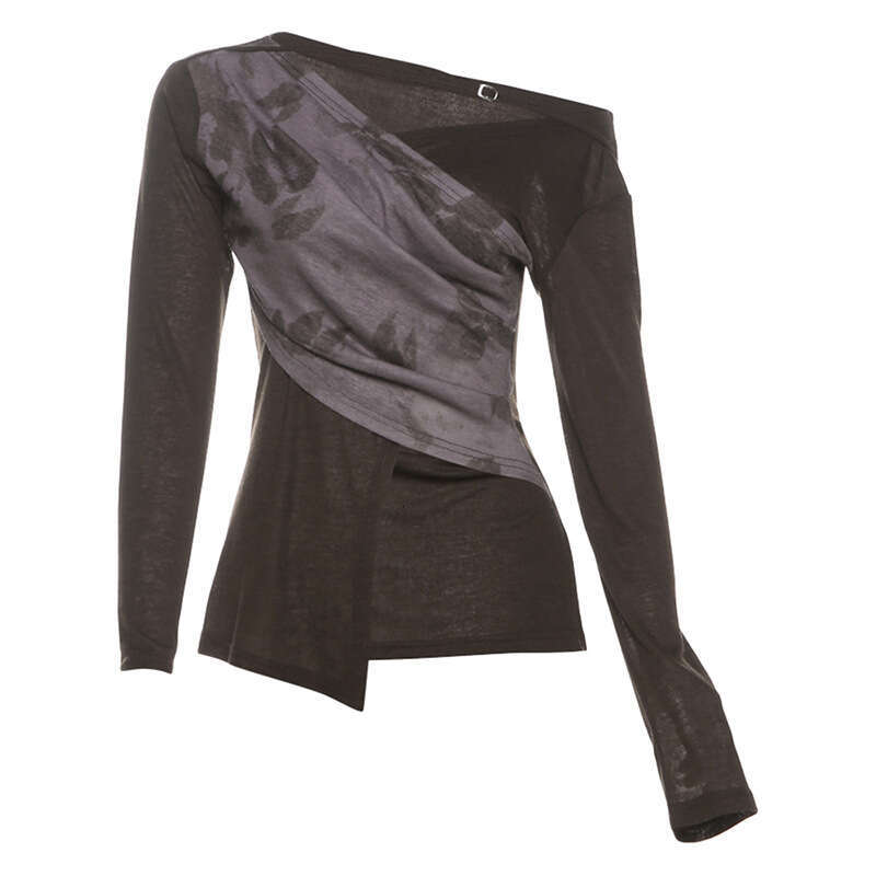2024 Autumn New Women's Solid Color Slim Street Fashion V-Neck Long Sleeve Printed Top a19