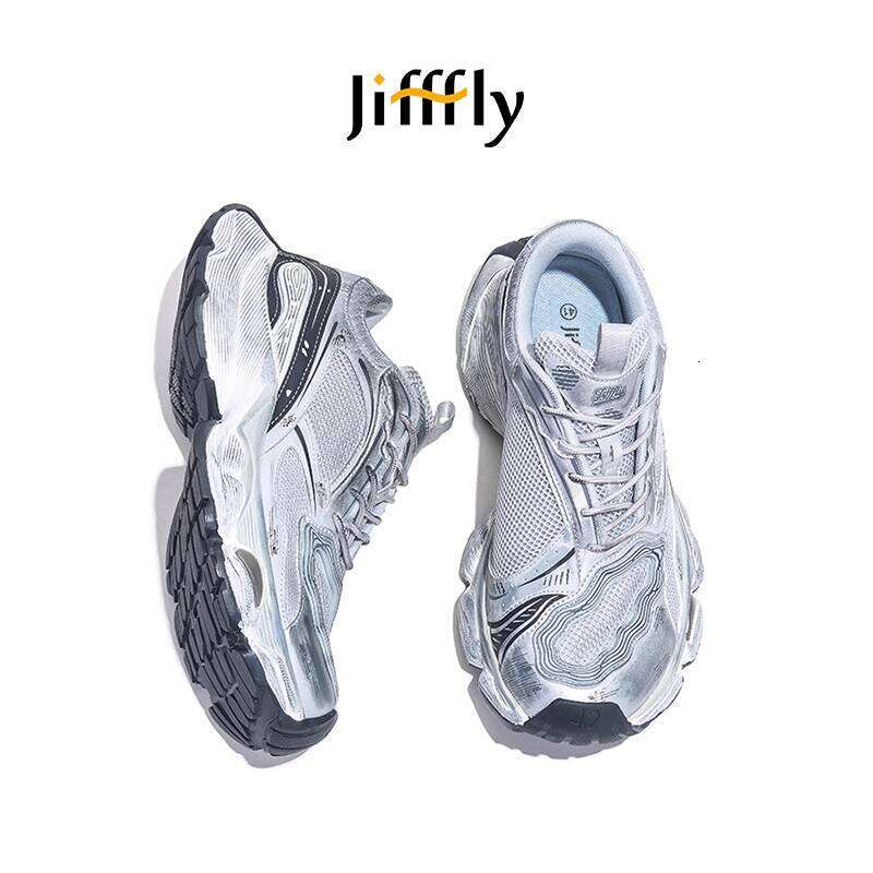 Jiffly Men's Silver Dad Shoes - Retro Sneakers with Thick Sole for Height Boost