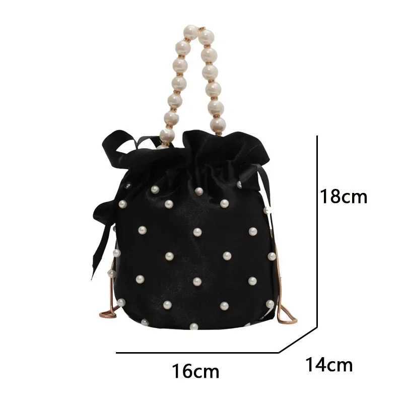 Brand Shoulder Bags For Women High Quality Luxury Ladies Handbag Black Bead Pearl Imitation Silk Fem Bucket Crossbody Bag Y250725