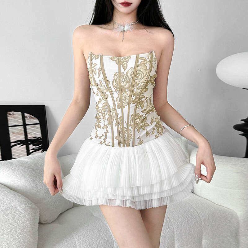 2025 Spring New Women's Solid Color Slim Fit Fashion Off-Shoulder Printed Dress e91