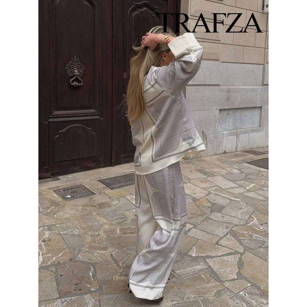 Designer Leisure High Quality TRAFZA 2025 Women Trouser Suit Turn-down Collar Sleeve Single-breasted Slim Print Shirt+High Waist Zipper Loose Long Pan