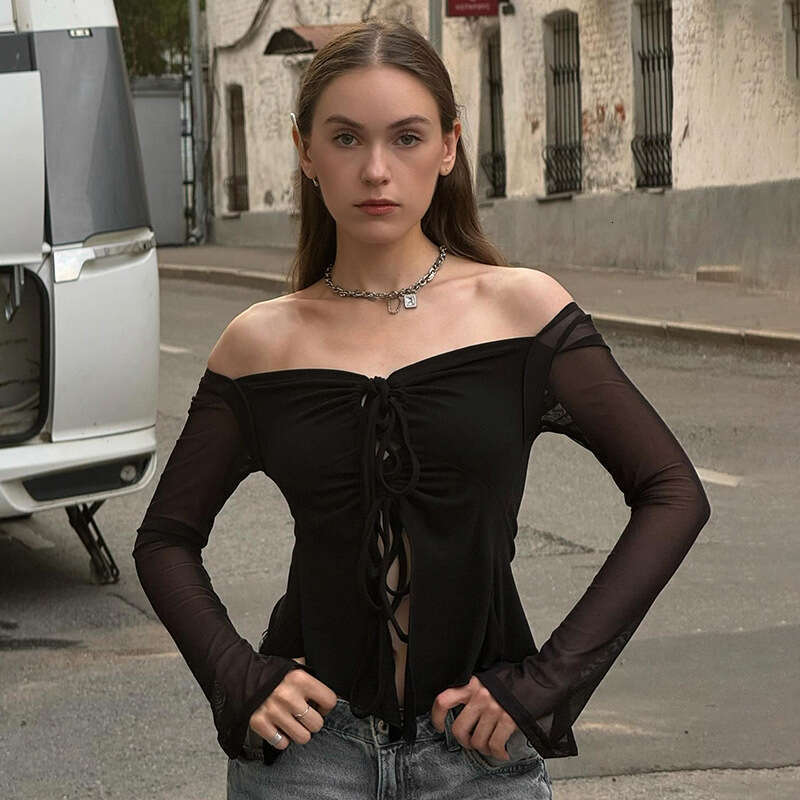 Qtp479 Women's Autumn New Solid Color Off-Shoulder Sexy Mesh Patchwork Long Sleeve Top B5