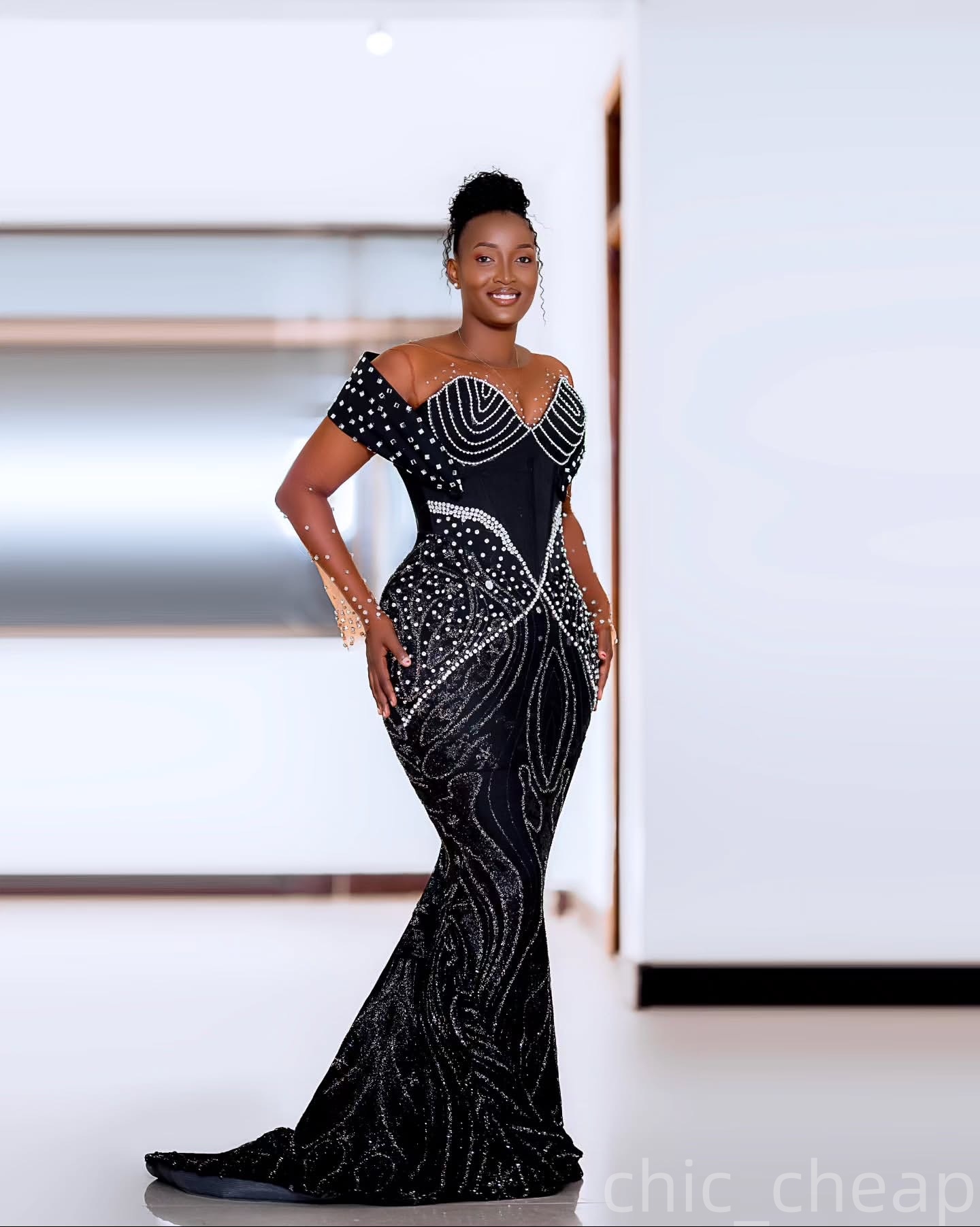 Mermaid Black Prom Dresses 2025 Pearls Crystals Sequined Sheer Neck Evening Formal Party Second Birthday Engagement Gowns Plus Size Dress For Special 