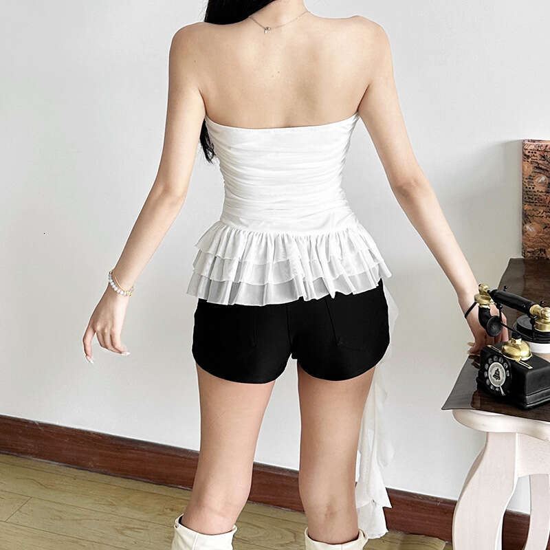 2025 Women's Summer Fashion Printed Sexy Off-Shoulder Strapless Tassel Ribbon T-Shirt 94f
