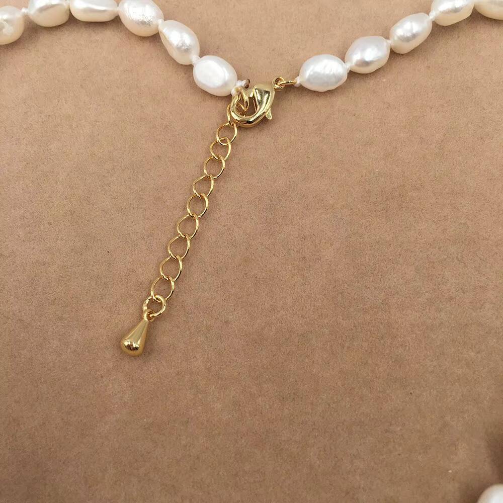 16 Inch+5 CM Choker Necklace 100% Natural Freshwater Pearl 7 MM Baroque Beads Knotted Clasp Stainless Steel 18k GOLD PLATING