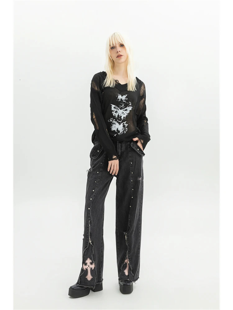 Women Clothing Black Gothic Jeans 90s Aesthetic Y2k Oversize Denim Trousers Vintage Harajuku Korean Emo 2000s Trashy Jean Pants 250717