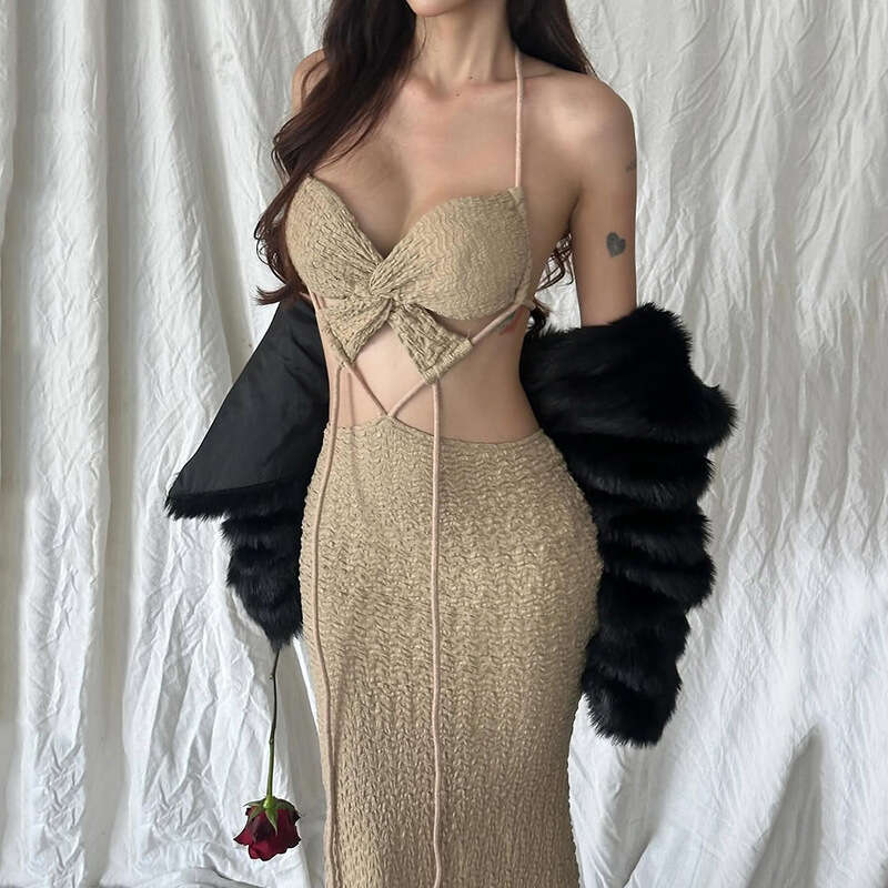 2025 Style High-End Pure Desire Sleeveless Two-Piece Sexy Strapless Bustier Fashion Tie-Up Bodycon Dress for Women b90