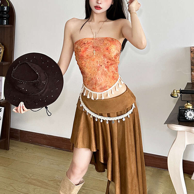 2025 Summer New Printed Slim Fit Tube Top Versatile Small Strap Irregular Slimming Midi Skirt for Women fa5