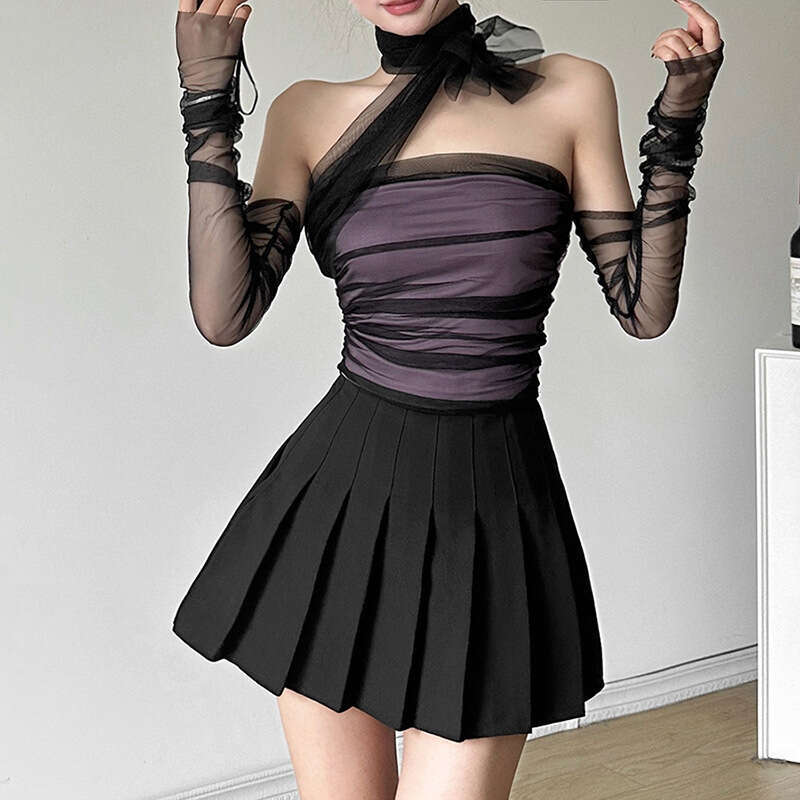 2024 Spring New Fashion Mesh Sleeve Set Silk Scarf Tie Strap Tube Top Backless Vest bf6