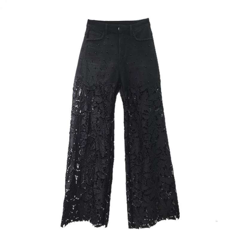 Women's Denim Pants Black Dias Patchwork Lace Hollow Out Embroidery Straight Jeans 2025 New Summer Fashion 29A1882
