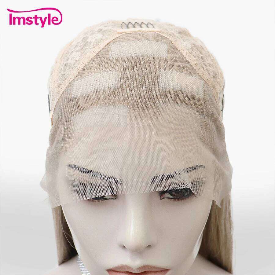 Imstyle Synthetic Lace Front Brown Wig Highlight Platinum Straight Hair Long For Women Heat Resistant Daily Wigs