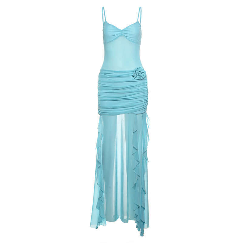 2025 Summer New Women's Solid Color Sexy Strap Mesh Bodycon Dress 9c9