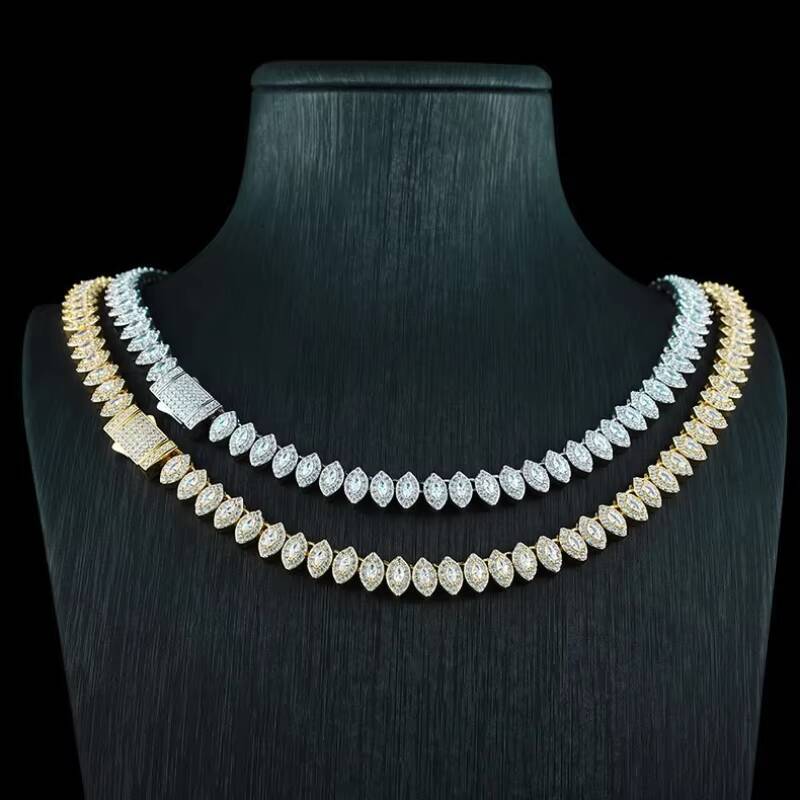 Wholesale Hip Hop Marquise Tennis Chain 8mm Gold Plated Iced Out Clustered Oval Tennis Bracelet Necklace Jewelry for Woman Men