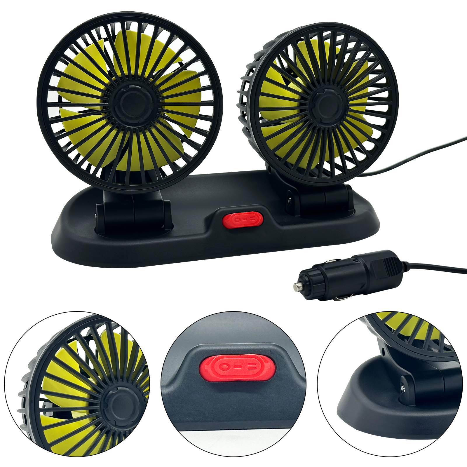 Adjustable Car Cool Fan, Dual Head Design, 2-speed Adjustable, 360° Rotating Portable Car Fan,12V Cigarette Lighter Powered, Suitable for Caravan, Sed