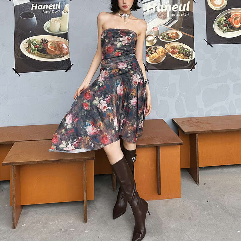 2025 Summer INS Style New Pure Desire High Waist Slim Fit Sleeveless Printed Tube Top Dress d6b