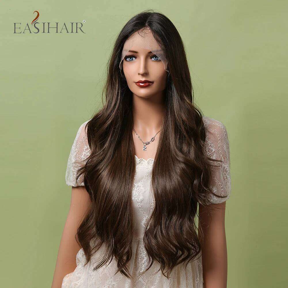 EASIHAIR Ombre Dark Brown Front Middle Part Long Body Wave Synthetic Lace Hair Wigs for Black Women Cosplay