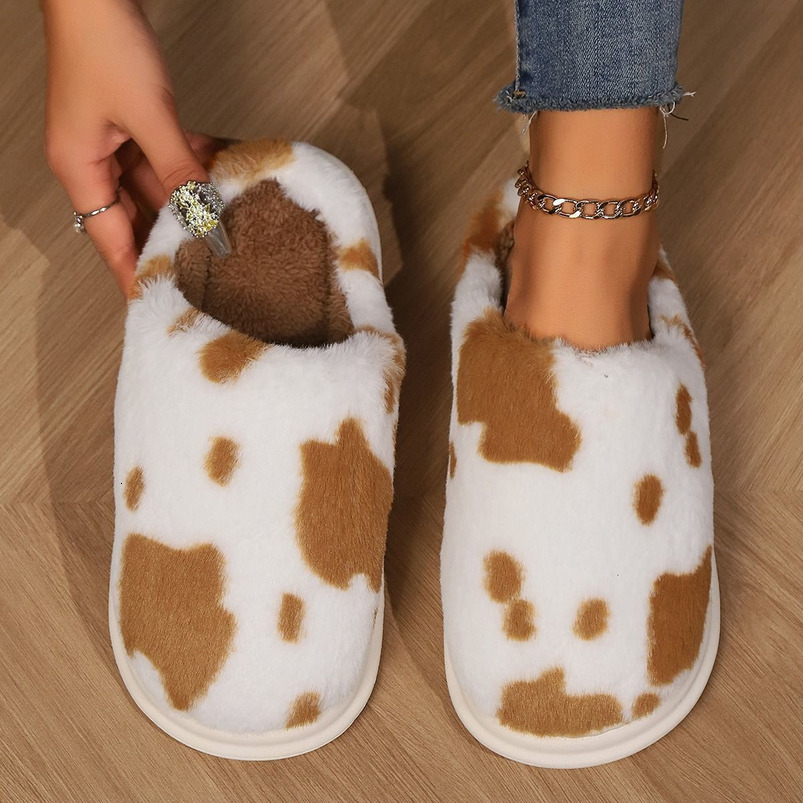 Spotted Furry Home Non-Slip Cotton Women's Fleece-Lined Warm Winter Thick-Soled Slippers Men's