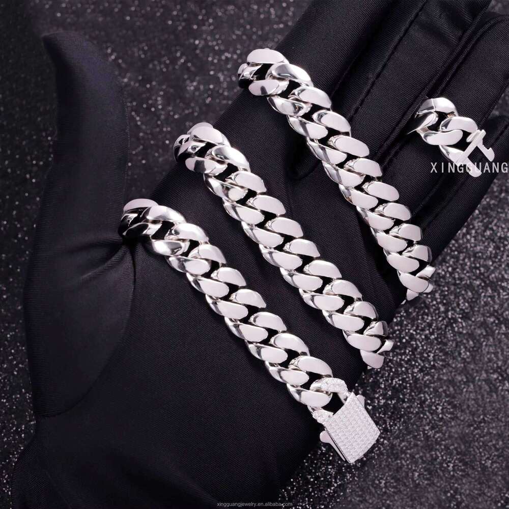 Hot VVS Moissanite Lock Spring Clasp White Gold Plated 8MM 10MM 13MM Miami Link Solid Sier Plain Chain Cuban Necklace