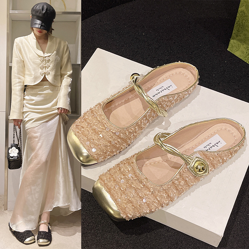 Ddmysports Baotou Mary Jane Sandals For Women Outdoor Wear Summer New French Style Sequins Elegant Matches Skirts Half Slippers Outdoor Shoes