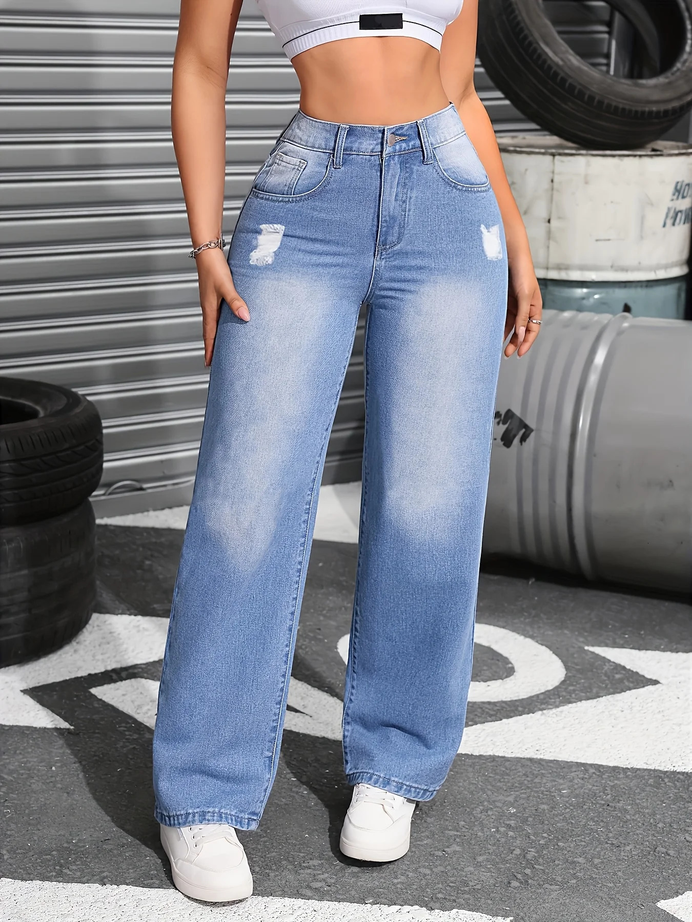 Womens HighWaist Elastic Zipper Casual Jeans Torn Straight Leg Wide Pants Medium Stretch Cotton Blend FourSeason Neutral Loos 250717