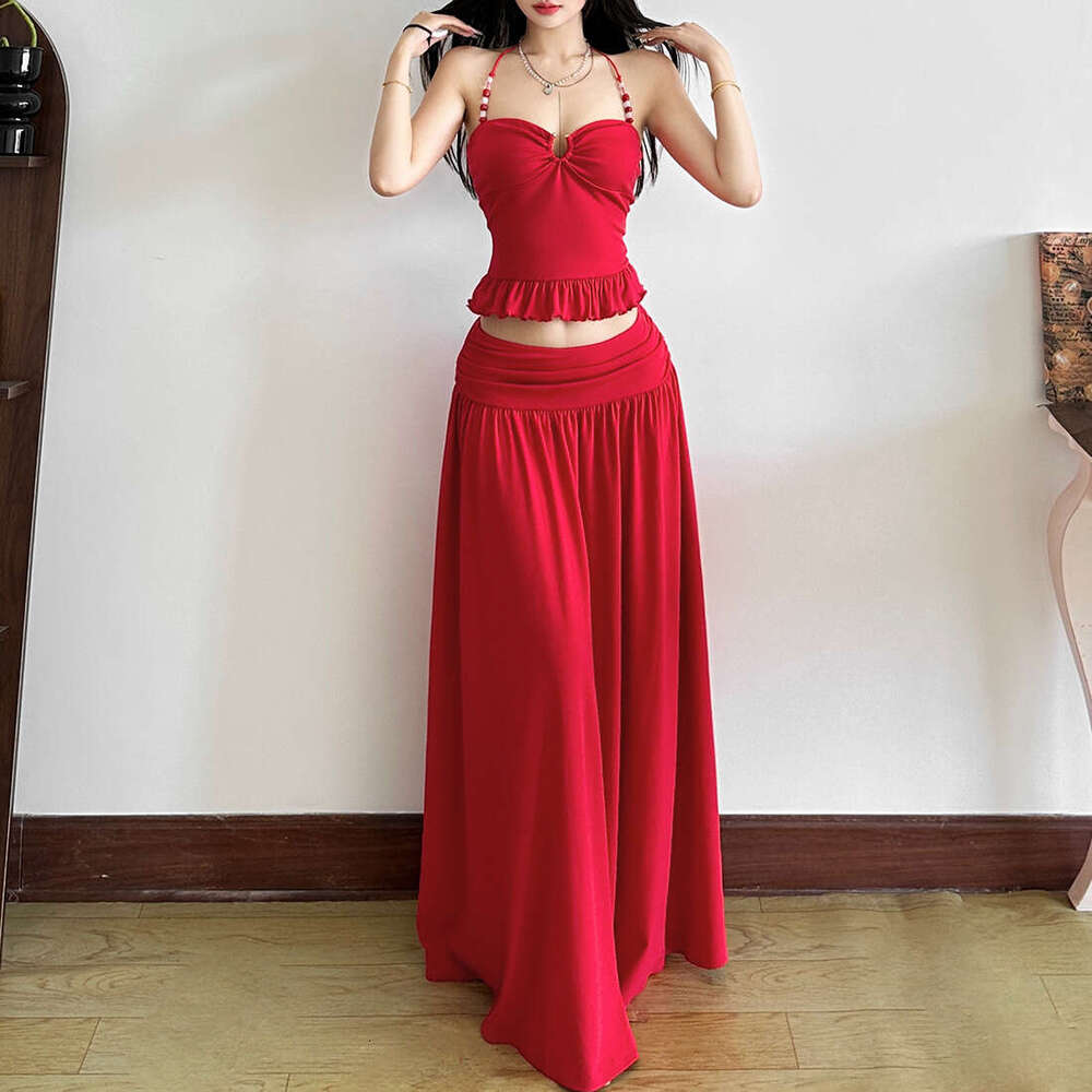 2025 Summer New Beach Vacation Solid Color Waist-Cinching Elegant French Halter Neck Crop Top Slim Fit Set eff