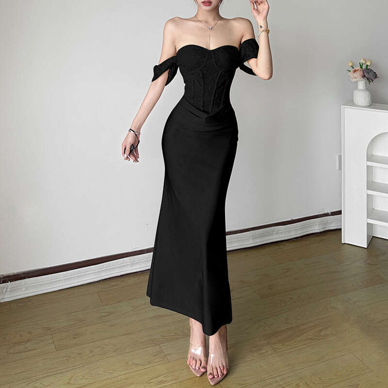 2024 Women's Autumn Winter New Fashion Solid Color Off-Shoulder Short Sleeve Mid-Length Dress 27c