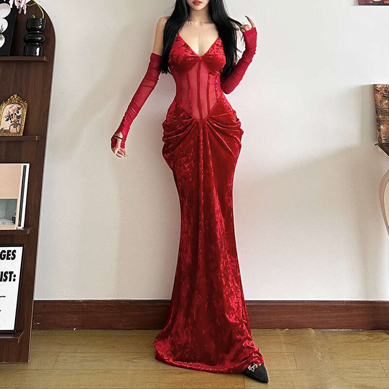 2024 Autumn Winter New Women's Solid Color Slim High Waist Fashion V-neck Strap Backless Dress 45f